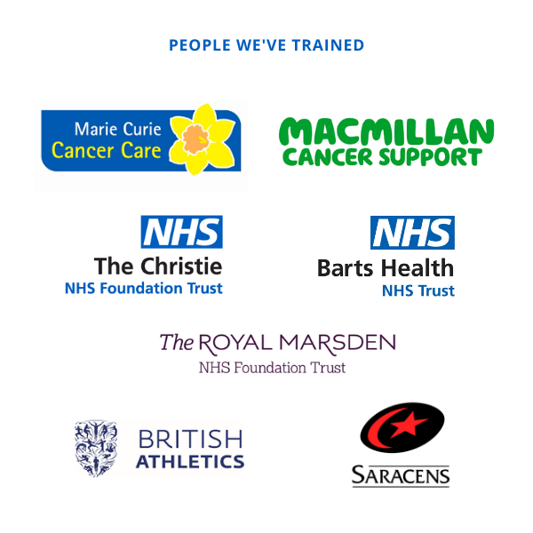 logos of people we've trained inclusing marie cure, macmillan The Christie NHS foundation trust, Barts Health NHS trust, The Royal Marsden NHS trust, Bristish atheletics and saracens physiotherapists